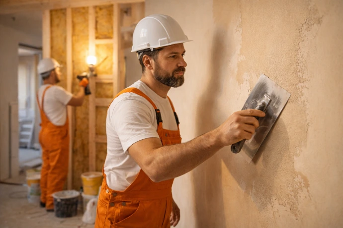 Artisan réalisant des travaux intérieurs dans le cadre d’un projet d’amélioration acoustique et thermique à Garges-lès-Gonesse.