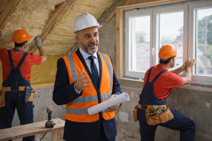 Équipe Archi Eco sur chantier à Garges-lès-Gonesse, échangeant autour d’un projet d’amélioration acoustique et thermique.